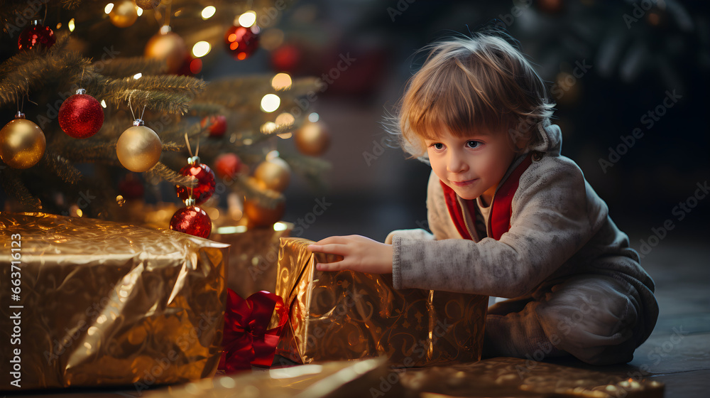 Festive Excitement, Adorable Child Unwraps Gift Near Christmas Tree Festive Excitement, Adorable Child Unwraps Gift Near Christmas Tree