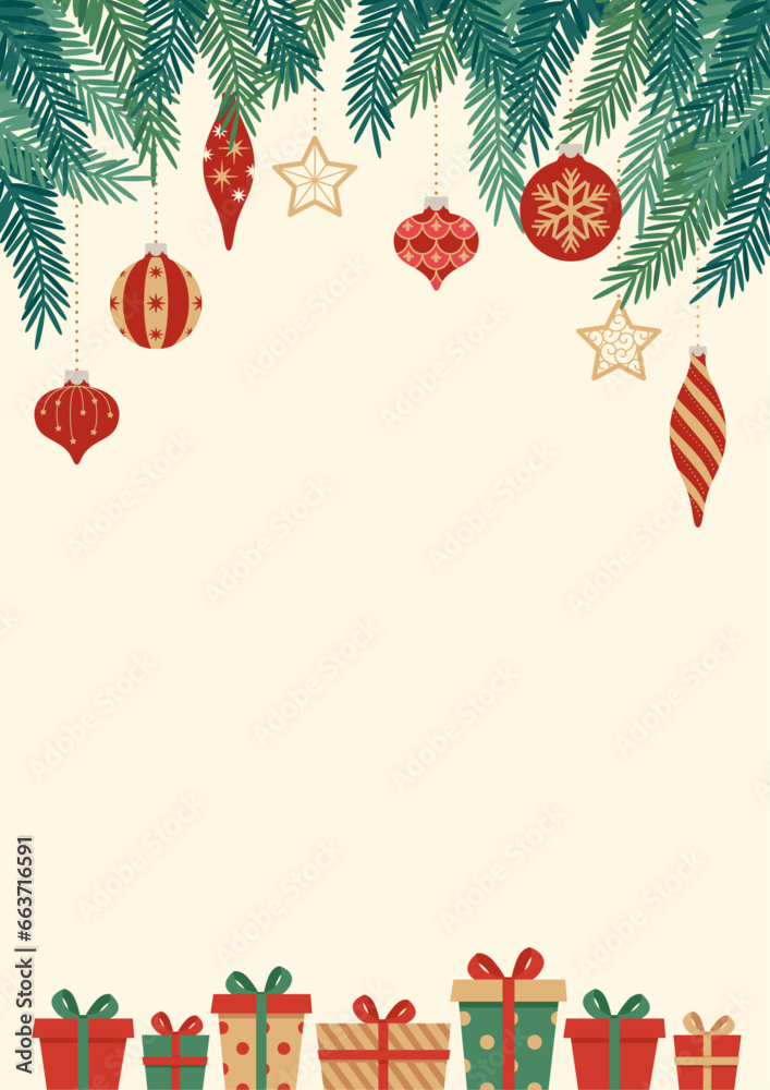 Design title background decorated with Christmas ornaments and various presents