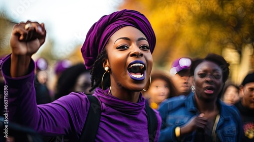 Black woman dressed in purple at a Women's Day rally