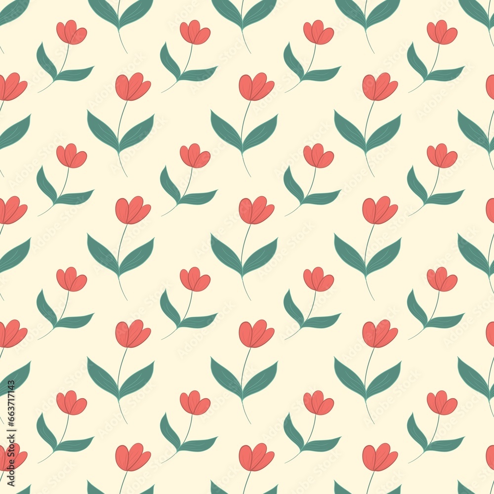 Red tulips with its green leaf on plain yellow background Red tulips with its green leaf on plain yellow background