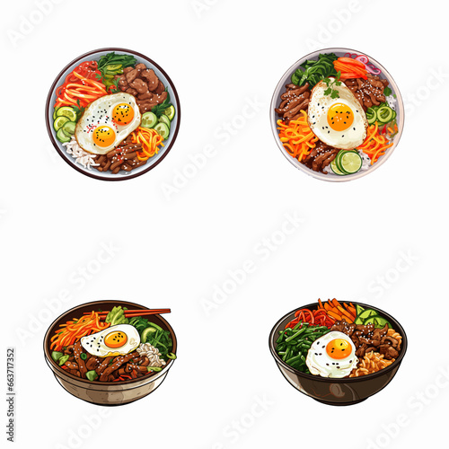 set of bibimbap watercolor illustrations for printing on baby clothes, pattern, sticker, postcards, print, fabric, and books
