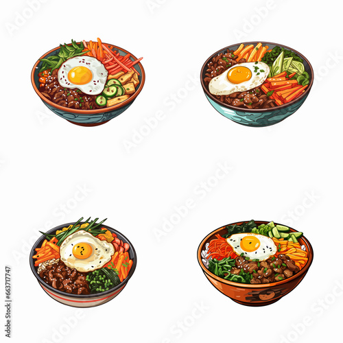 set of bibimbap watercolor illustrations for printing on baby clothes, pattern, sticker, postcards, print, fabric, and books