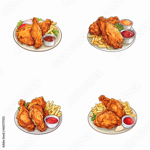 set of fried chicken watercolor illustrations for printing on baby clothes, pattern, sticker, postcards, print, fabric, and books