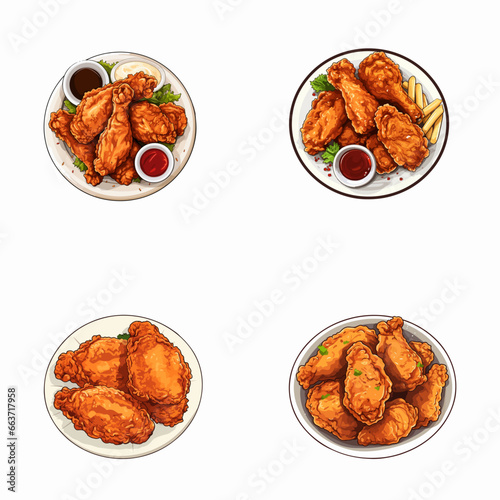 set of fried chicken watercolor illustrations for printing on baby clothes, pattern, sticker, postcards, print, fabric, and books