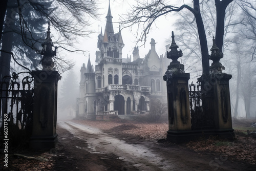 Abandoned manor in gothic style, central Russia photo