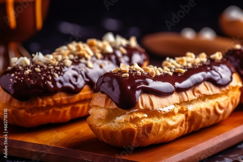 Closeup of delicious chocolate eclairs on wooden board. Generative AI