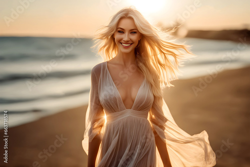 Young stunning blonde woman in long sheer dress with ample cleavages walking on coastline at sunlight with sun shining in her hair and dress, she is smiling and looking at camera