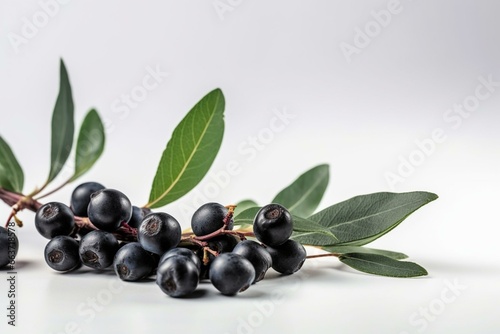 Isolated twig with fresh black olive berries on white background. Generative AI