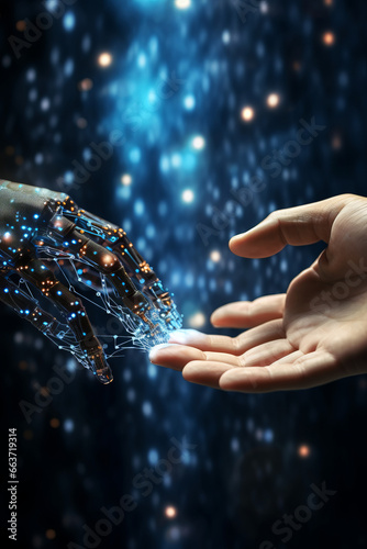 AI, Machine learning, Hands of robot and human touching on big data network connection background, Science and artificial intelligence technology, innovation and futuristic