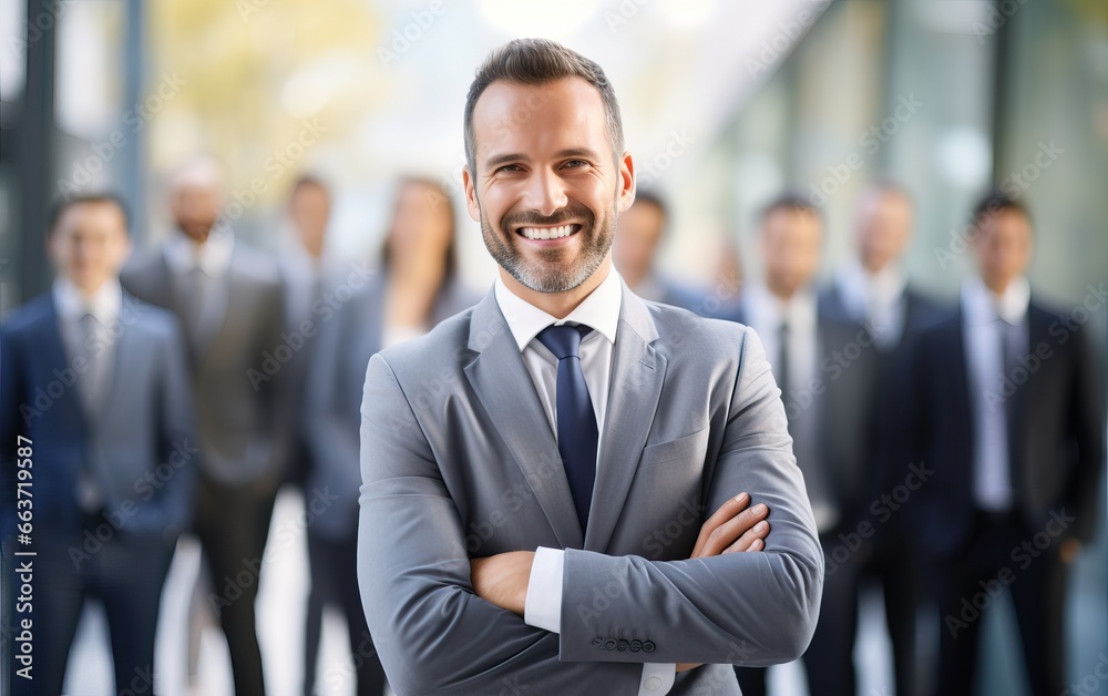 Businessman standing folded hand smile, businessman and businesswoman over big group of businesspeople background