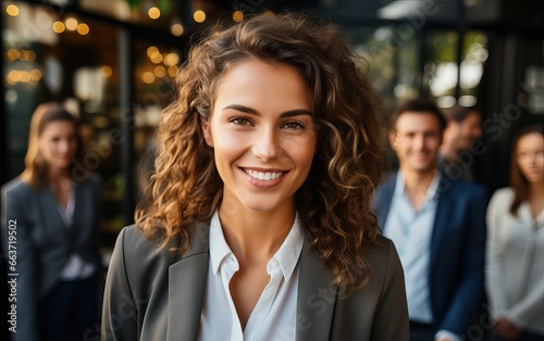 businesswoman human resource leader smiling with over big people group, businesspeople crowd background, businesswoman happy smile