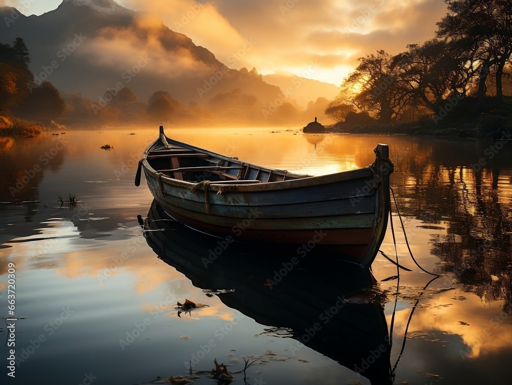 Boat in the lake mist sunrise landscapes generative ai