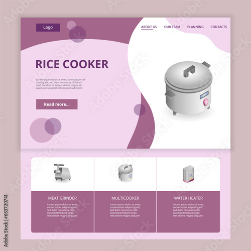 Rice cooker flat landing page website template. Meat grinder, multicooker, water heater. Web banner with header, content and footer. Vector illustration.