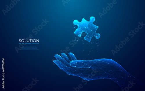 Abstract solution concept. Jigsaw or puzzle pieces in a human hand. Digital palm and one puzzle hologram on dark blue background. Low poly wireframe vector illustration in futuristic technology style.