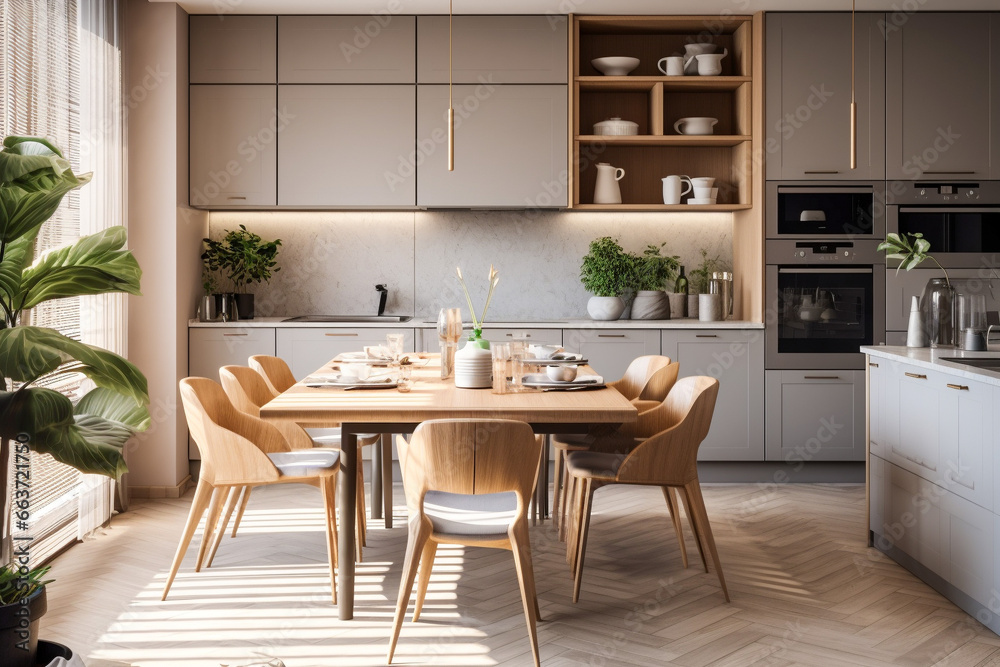 Modern kitchen interior design. Minimalistic style with wooden texture