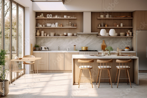 Modern kitchen interior design. Minimalistic style with wooden texture