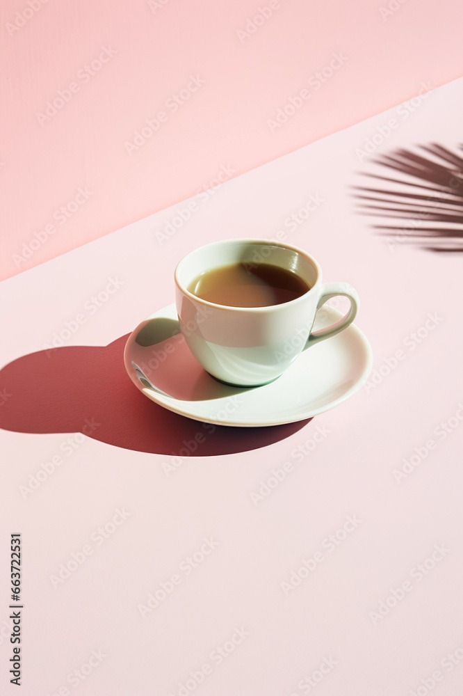 Minimalist coffee cup scene in direct sunlight, providing a bright and sunny coffee break with a clean look. Minimalist coffee cup scene in direct sunlight, providing a bright and sunny coffee break with a clean look.