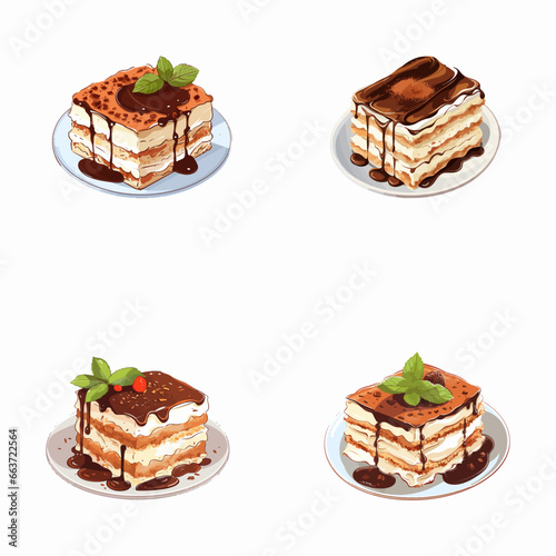 set of tiramisu watercolor illustrations for printing on baby clothes, pattern, sticker, postcards, print, fabric, and books