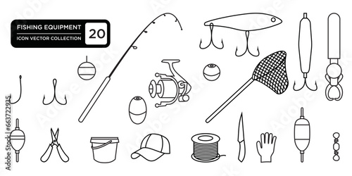 fishing equipment, icons, fishing rods, fishing rods, fish scoops, scissors and others that can be easily edited and resized, modern vector graphic logo templates.