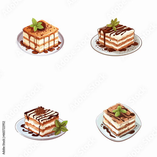 set of tiramisu watercolor illustrations for printing on baby clothes, pattern, sticker, postcards, print, fabric, and books