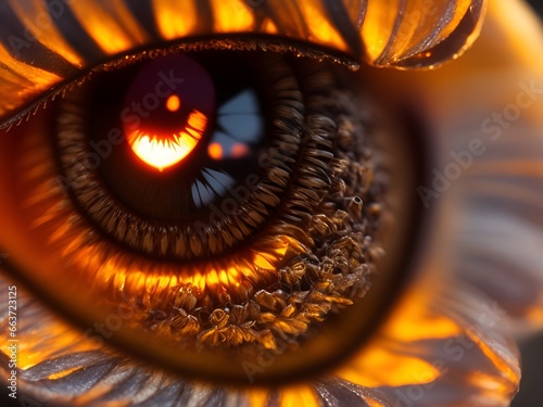A close up of a eye with a blue and orange ring around the eye .A close up of a yellow eye with the word fire on it