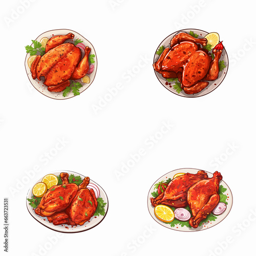 set of tandoori watercolor illustrations for printing on baby clothes, pattern, sticker, postcards, print, fabric, and books