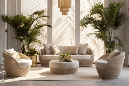 Modern balcony with tropical leaves. Classic interior design light pink and golden colors