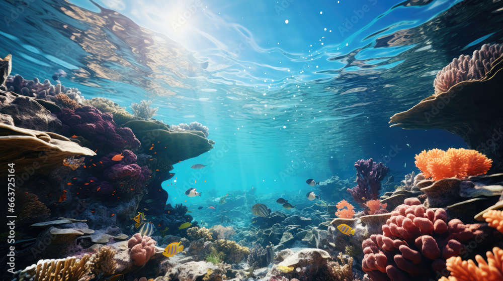 underwater world, coral reef, tropical fish, vacation, diving, travel, island, coastline, ocean, sea, snorkeling, clear blue water, bay, summer, nature, marine, sun, light, landscape, view, floral - obrazy, fototapety, plakaty 