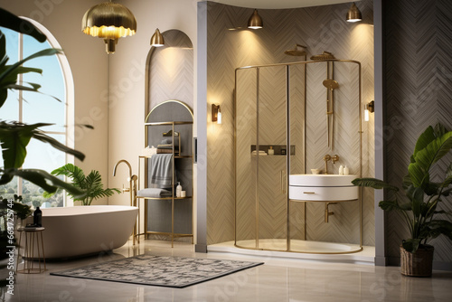 Modern bathroom with tropical leaves. Classic interior design light pink and golden colors