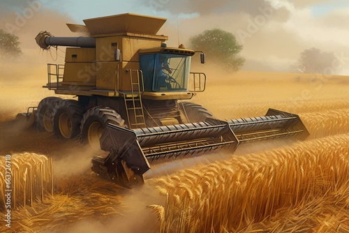 Artistic depiction of wheat harvester machine harvesting wheat in a plantation. Generative AI