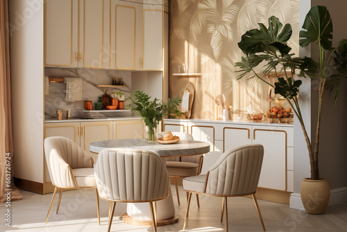 Modern kitchen with lapm and tropical leaves. Classic interior design light pink and golden colors