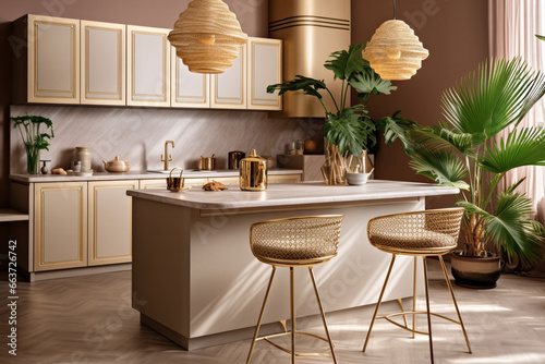 Modern kitchen with lapm and tropical leaves. Classic interior design light pink and golden colors photo