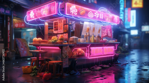 A rainy neon-lit cyberpunk ramen cart