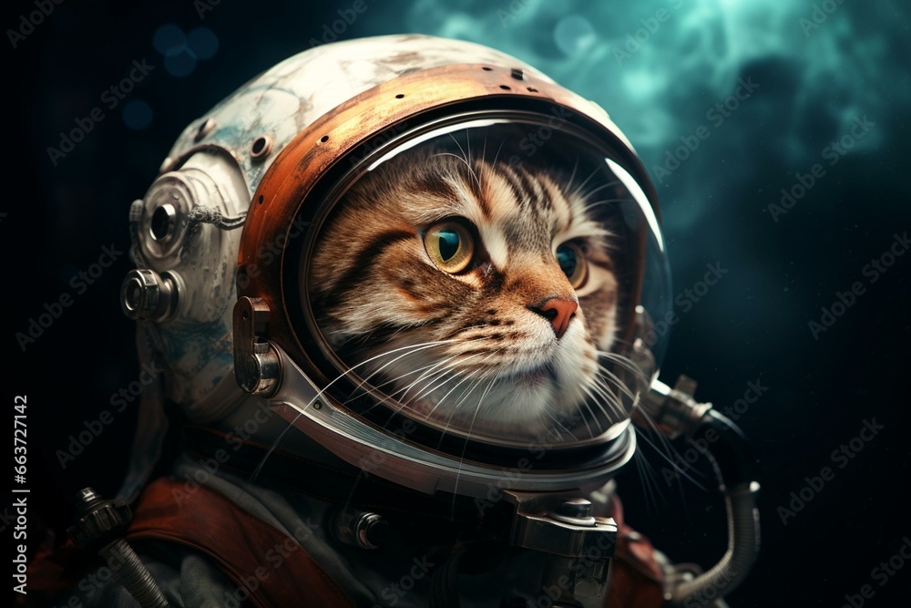 a feline astronaut with a helmet exploring a celestial body. Generative AI
