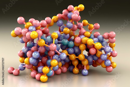 3D model of sodium benzoate, a food preservative with a structural chemical formula and colored atoms. Generative AI photo