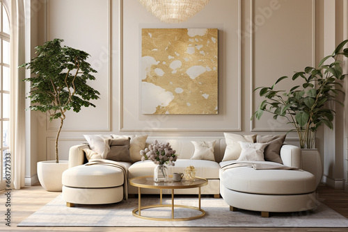 Modern living room with sofa and lamp. Classic interior design light pink and golden colors photo