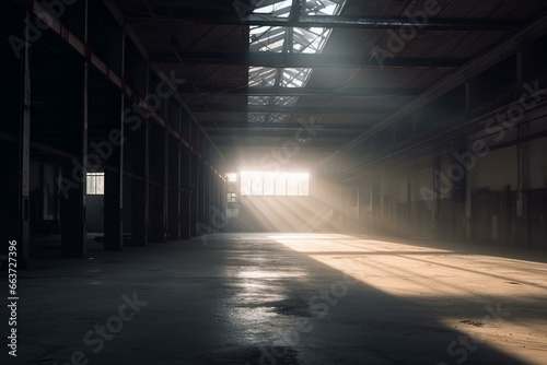 Empty storehouse with light at the end. Warehouse. Generative AI