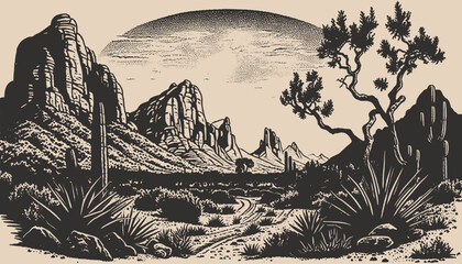 Rideaux Beige Mountain desert texas background landscape. Wild west western adventure explore inspirational vibe. Graphic Art. Engraving Vector  © Graphic Warrior