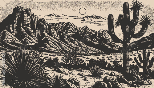 Mountain desert texas background landscape. Wild west western adventure explore inspirational vibe. Graphic Art. Engraving Vector