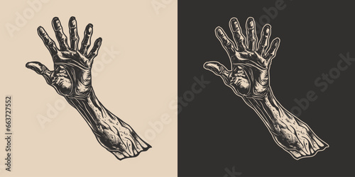 Vintage retro halloween zombie undead monster hand arm. Scary boo horror spooky illustration. Monochrome Graphic Art. Vector. Hand drawn element in engraving art