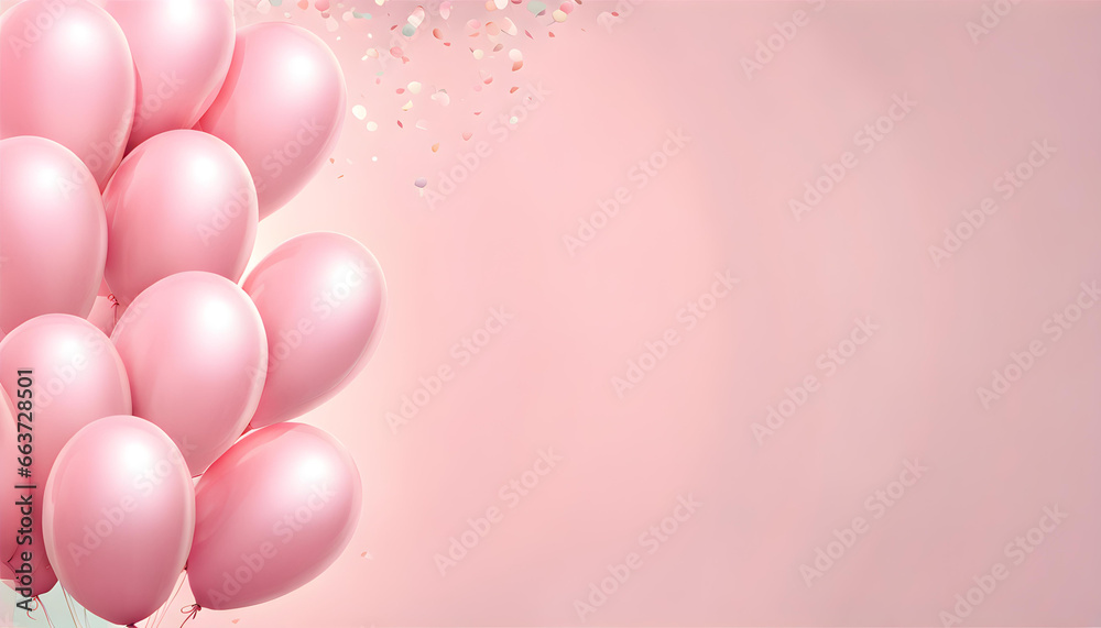 Lots of bright pastel pink balloon decorations and space for text against cute background. Baby birth or birthday celebration background.