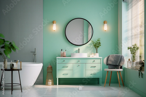 Modern bathroom with mirror. Light green and white colors, minimalistic interior design photo