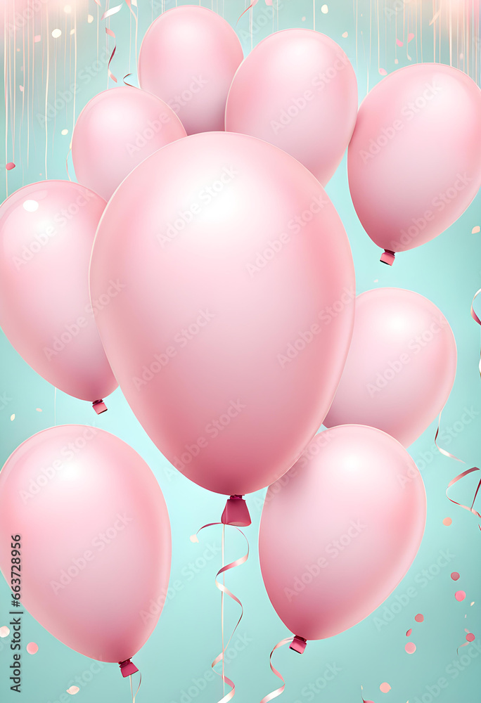 Cute background with lots of bright pastel pink balloon decorations. Baby birth or birthday celebration background.