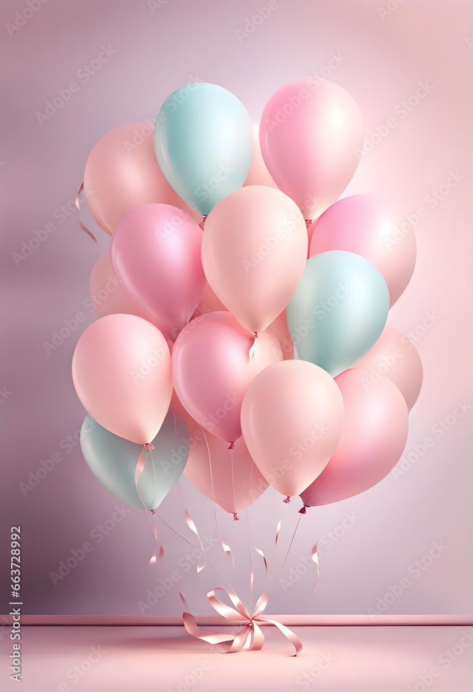 Lots of bright colorful pastel balloon decorations and space for text against colored cute background. Baby birth or birthday celebration background.