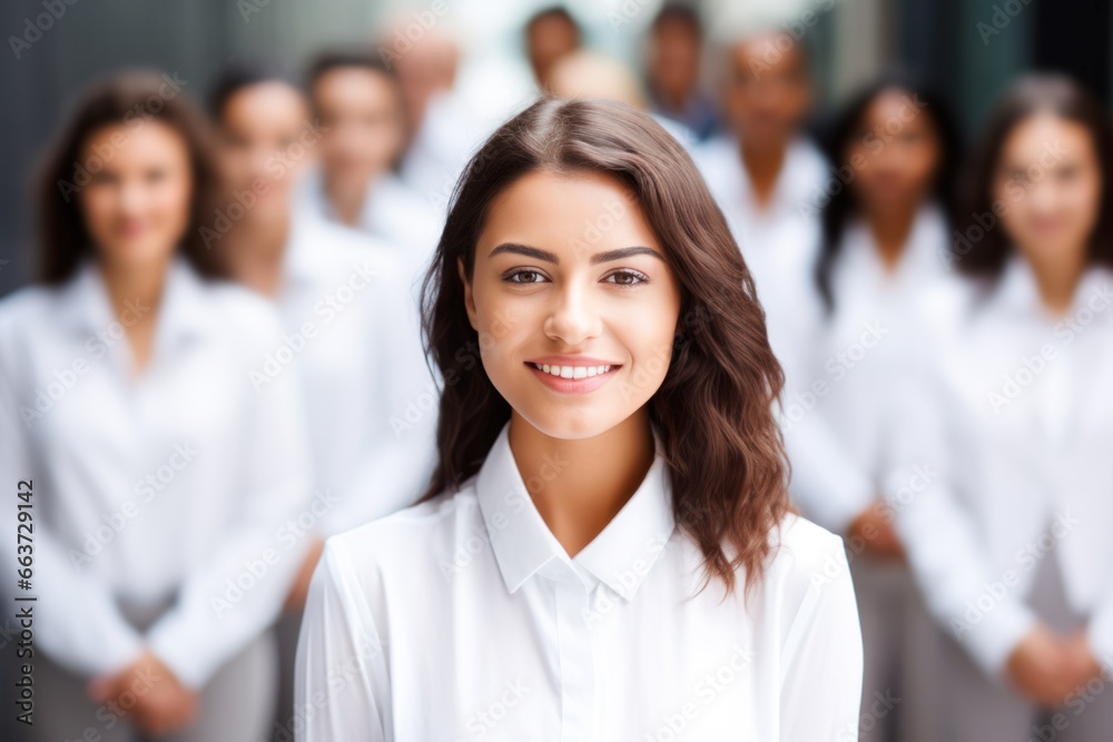 portrait of a smiling professional businesswoman in a white shirt stands against the background of a team of colleagues portrait of a smiling professional businesswoman in a white shirt stands against the background of a team of colleagues