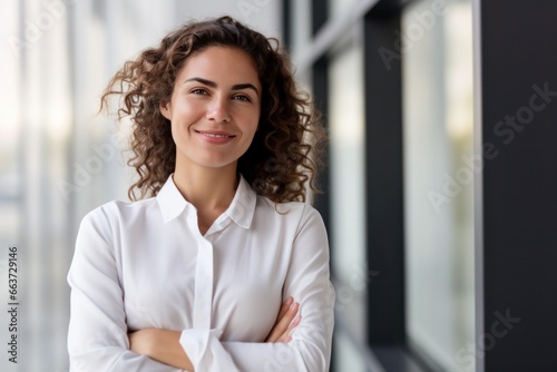 portrait of successful business woman in white shirt standing with arms crossed in the office