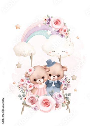 Watercolor illustration couple Teddy bear swings on rainbow with stars