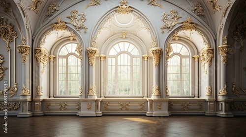 3d for Empty hall interior with luxurious ornaments glitter of church or palace clean white tones with arches windows doors and beautiful.