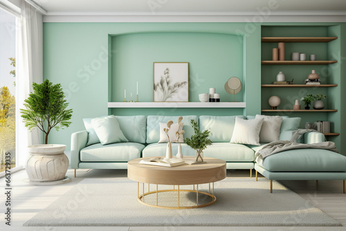 Modern living room with sofa. Light green and white colors  minimalistic interior design