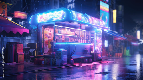 A rainy neon-lit cyberpunk food truck alley